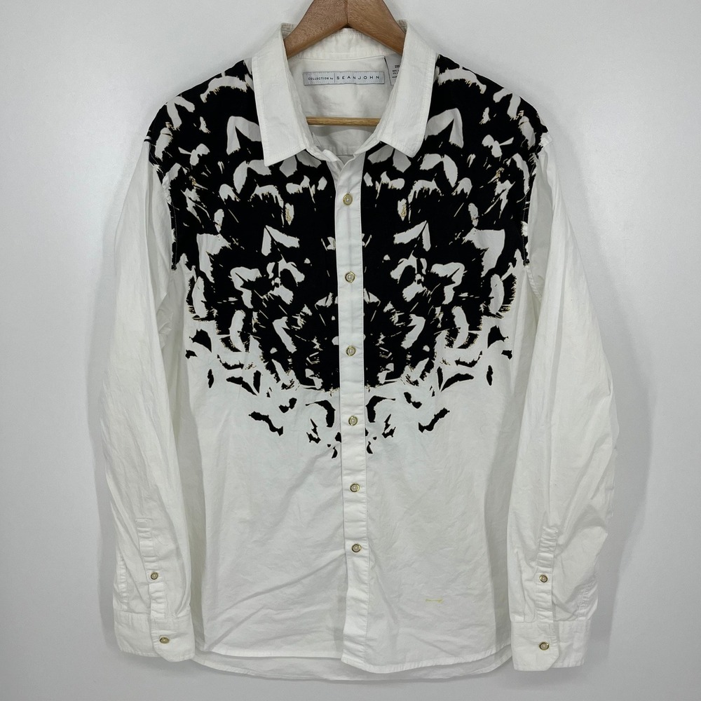 Sean John Mens 2XL White Black Graphic Print Button Down Long Sleeve Shirt
